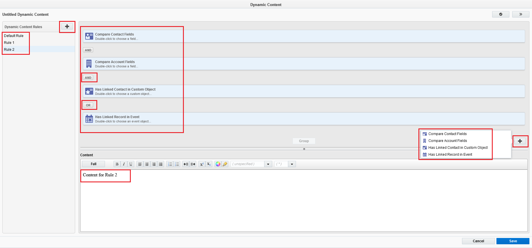 The full page of the Dynamic Content window, highlighting the different conditions applied to a rule<br>