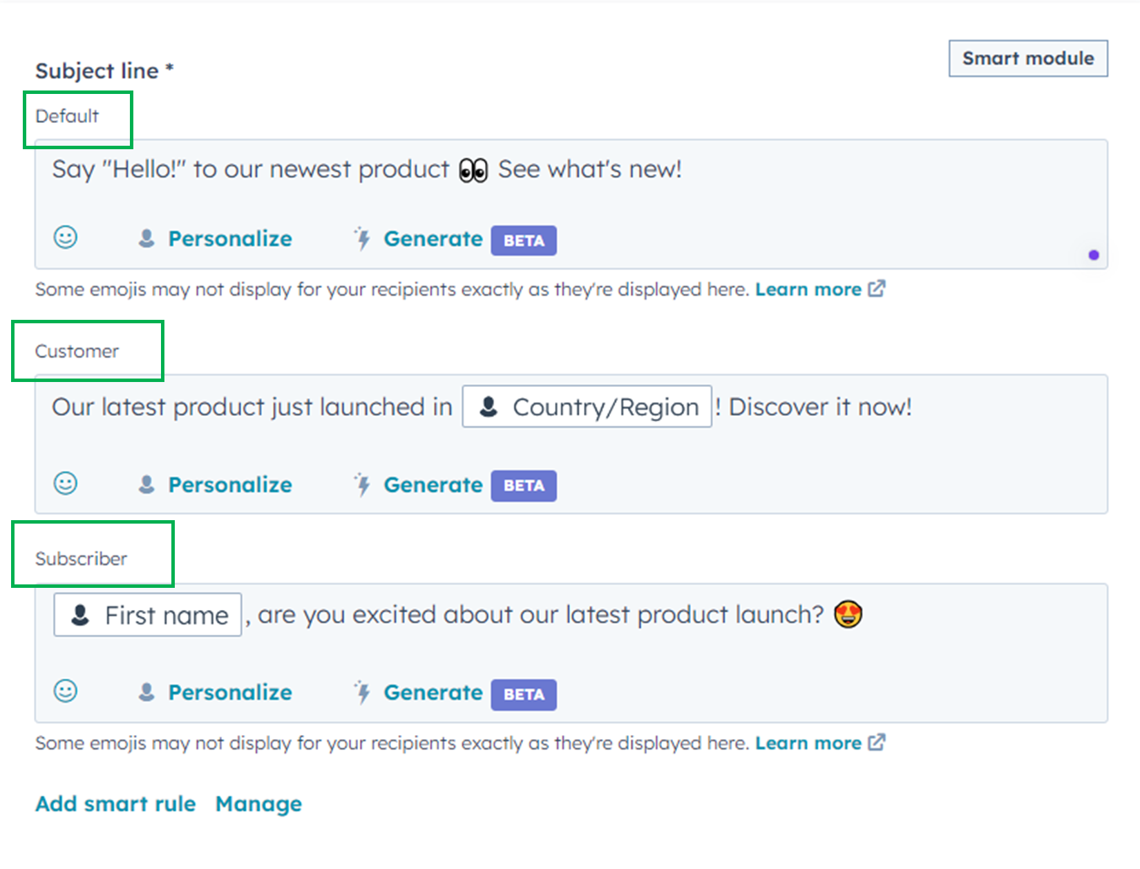 Customized subject lines specified by the Contact lifecycle stage rules