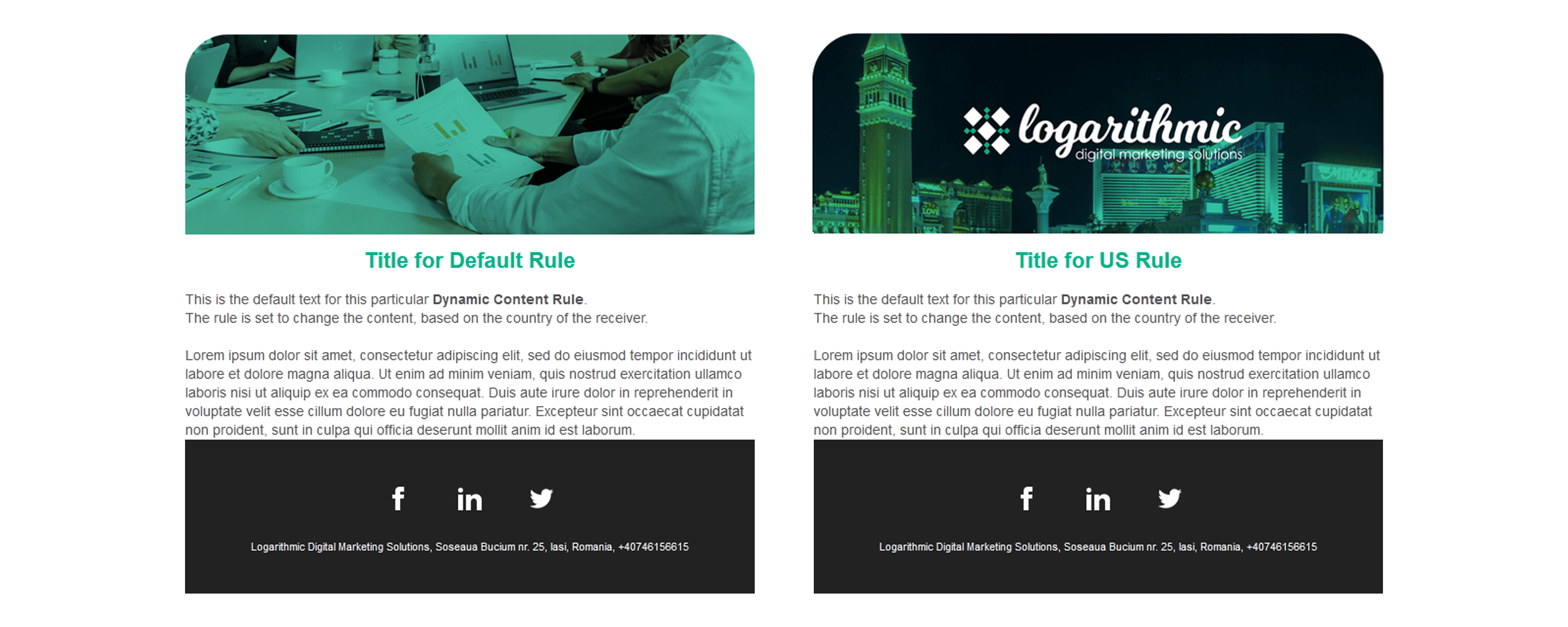 Comparison of two versions of the same email with a Dynamic Content rule that changes the header & title of the email, depending on the receiver's country<br>